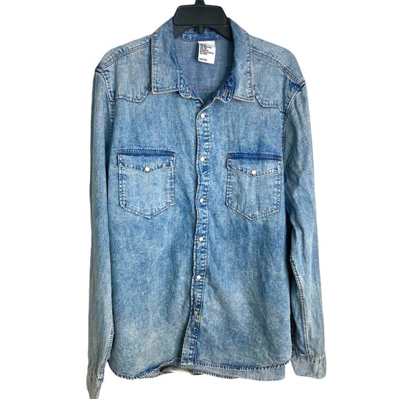 H&M Shirts Hm Mens Blue Denim Long Sleeve Collared Snapdown Shirt